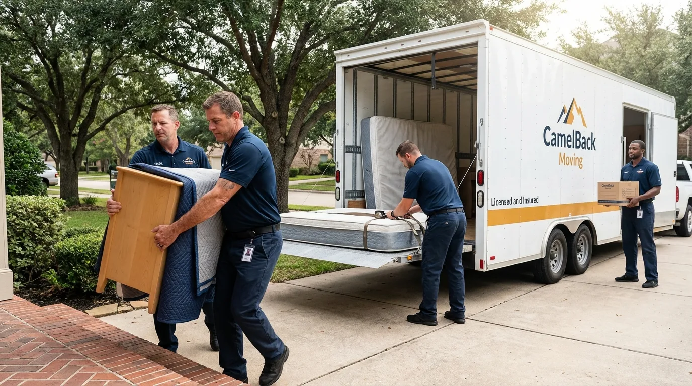 Crew loading residential truck for cross-state move from Wilmington, IL