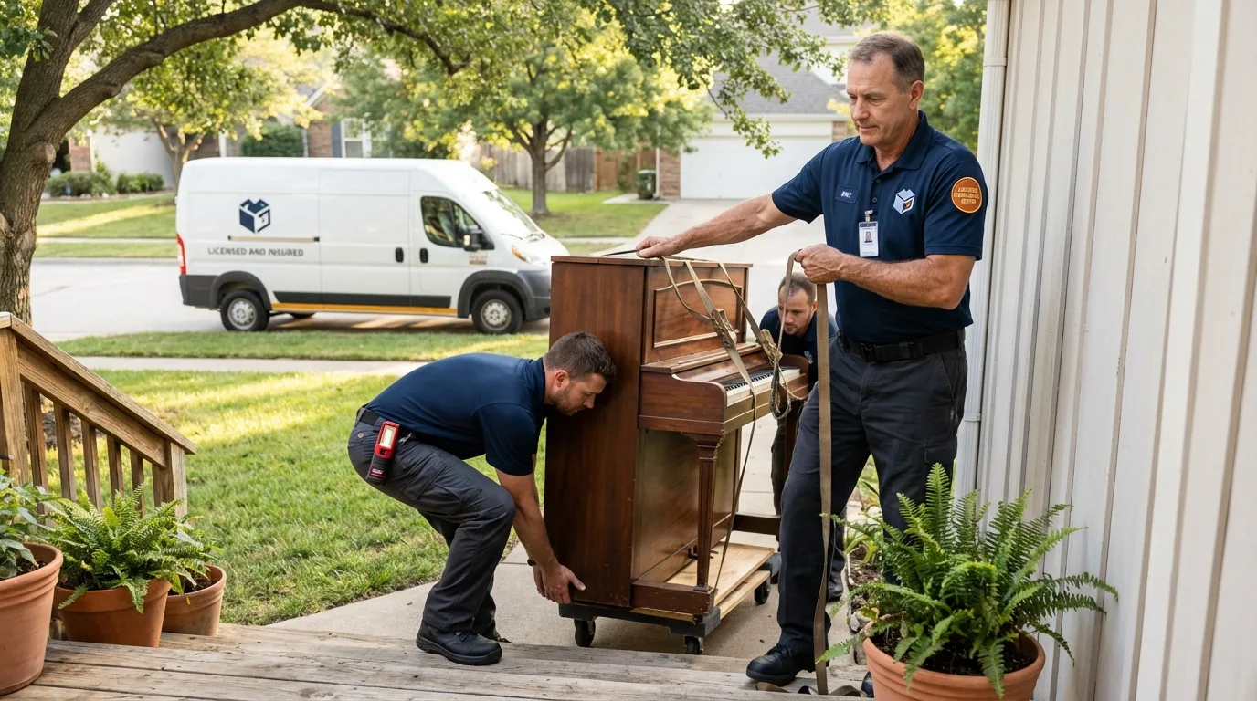 Licensed piano movers securing grand piano in Wilmington, IL