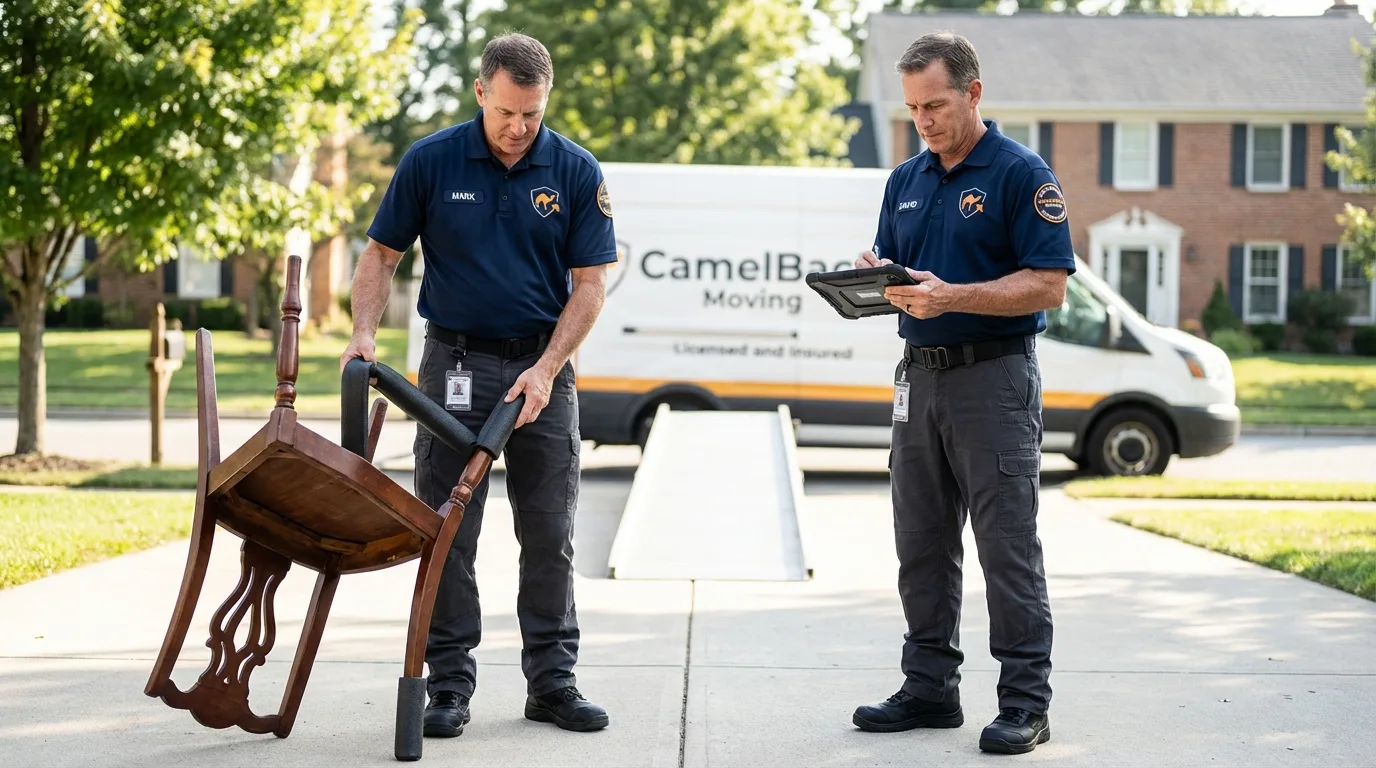 Movers inspecting furniture for damage prevention before loading in Wilmington, IL