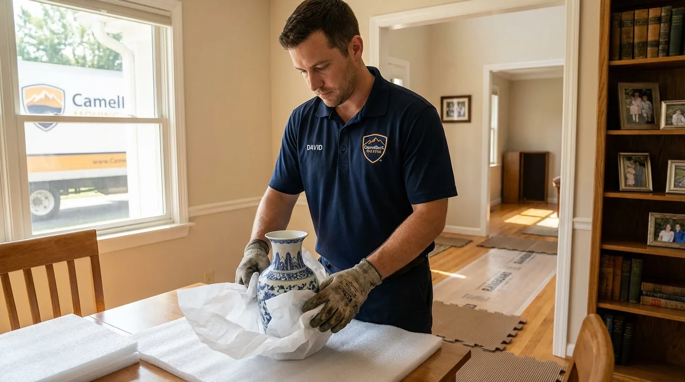 Professional crew carefully wrapping antique vase for senior downsizing move in Wilmington, IL